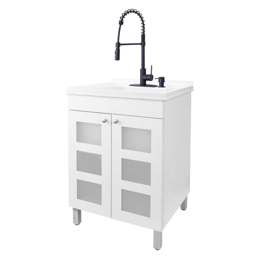 Tehila White Vanity Cabinet and White Utility Sink with Black Finish High-Arc Coil Pull-Down Faucet - Sweatfully