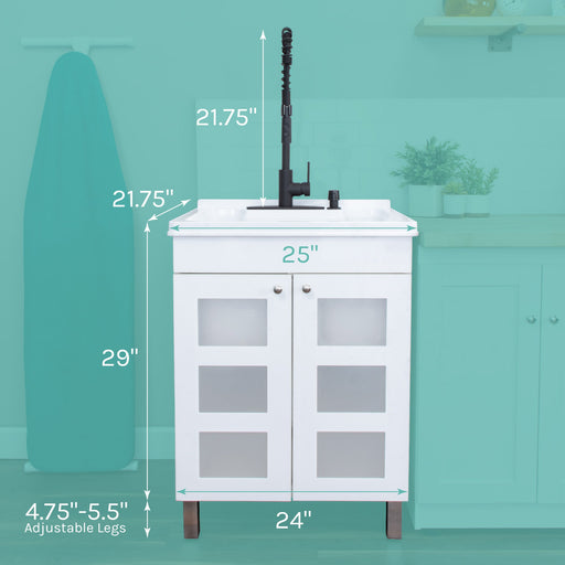 Tehila White Vanity Cabinet and White Utility Sink with Black Finish High-Arc Coil Pull-Down Faucet - Sweatfully