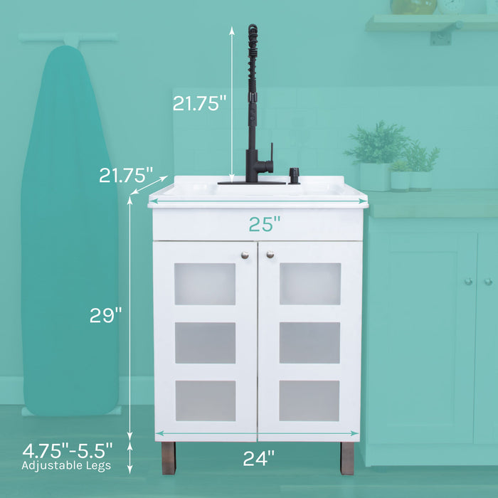 Tehila White Vanity Cabinet and White Utility Sink with Black Finish High-Arc Coil Pull-Down Faucet - Sweatfully