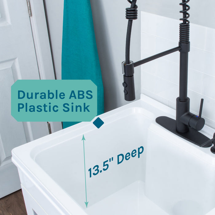 Tehila White Vanity Cabinet and White Utility Sink with Black Finish High-Arc Coil Pull-Down Faucet - Sweatfully