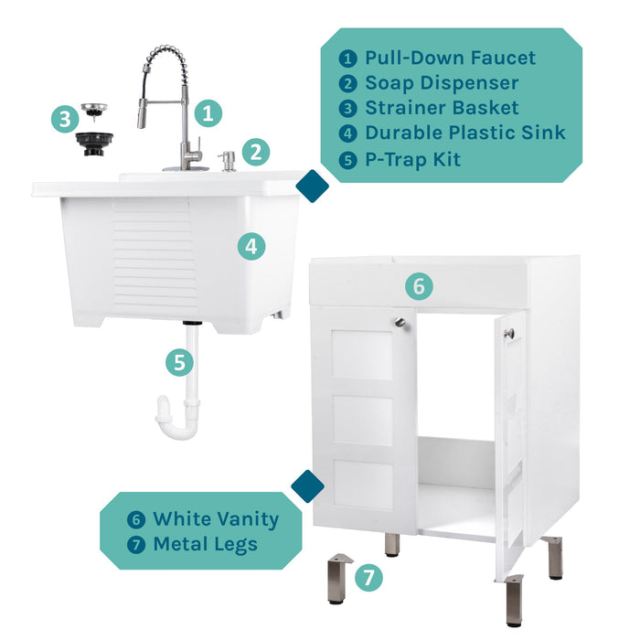 Tehila White Vanity Cabinet and White Utility Sink with Stainless Steel Finish High-Arc Coil Pull-Down Faucet - Sweatfully