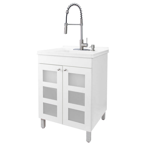 Tehila White Vanity Cabinet and White Utility Sink with Stainless Steel Finish High-Arc Coil Pull-Down Faucet - Sweatfully