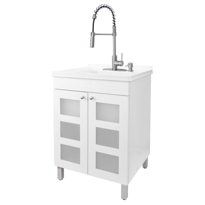 Tehila White Vanity Cabinet and White Utility Sink with Stainless Steel Finish High-Arc Coil Pull-Down Faucet - Sweatfully