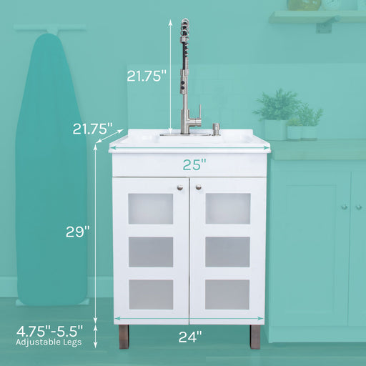 Tehila White Vanity Cabinet and White Utility Sink with Stainless Steel Finish High-Arc Coil Pull-Down Faucet - Sweatfully