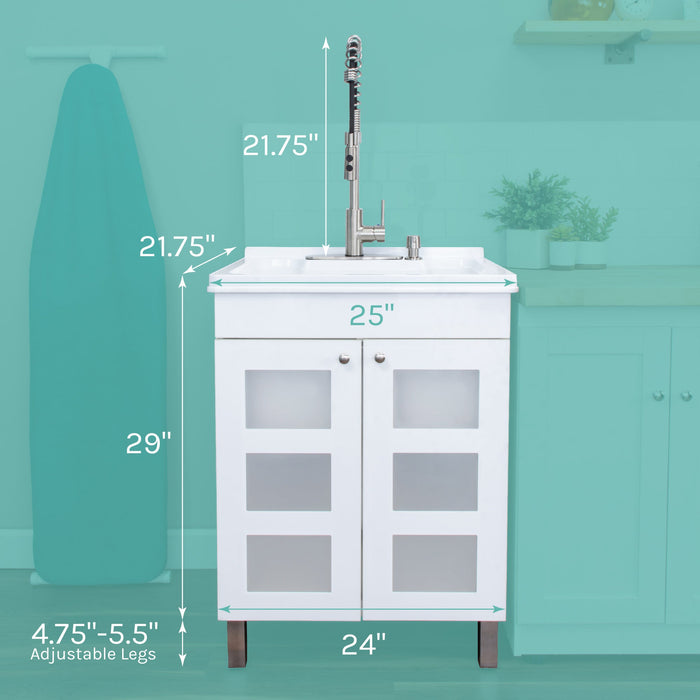 Tehila White Vanity Cabinet and White Utility Sink with Stainless Steel Finish High-Arc Coil Pull-Down Faucet - Sweatfully