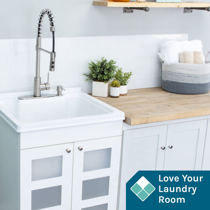 Tehila White Vanity Cabinet and White Utility Sink with Stainless Steel Finish High-Arc Coil Pull-Down Faucet - Sweatfully