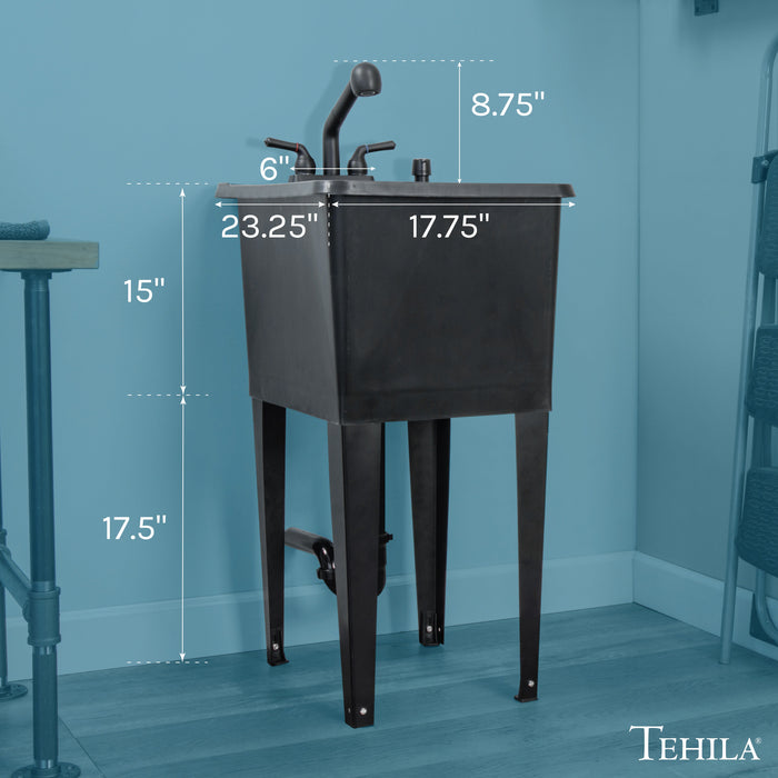 Tehila Space Saver Freestanding Black Utility Sink with Black Finish Pull-Out Faucet - Sweatfully