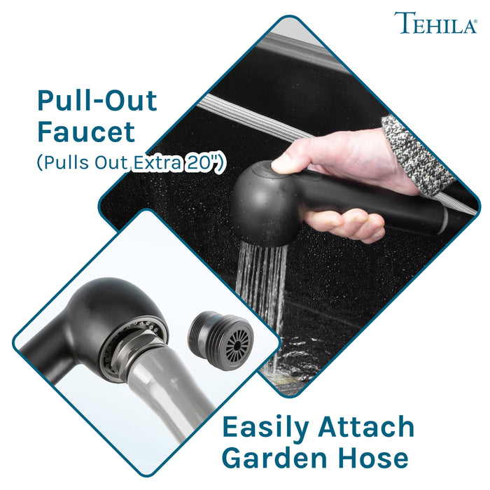 Tehila Space Saver Freestanding Black Utility Sink with Black Finish Pull-Out Faucet - Sweatfully