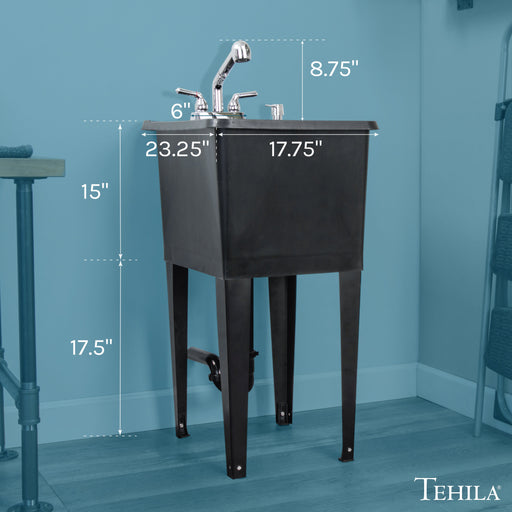 Tehila Space Saver Freestanding Black Utility Sink with Chrome Finish Pull-Out Faucet - Sweatfully
