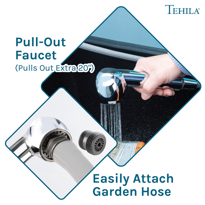 Tehila Space Saver Freestanding Black Utility Sink with Chrome Finish Pull-Out Faucet - Sweatfully