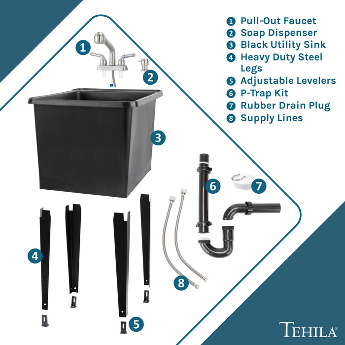 Tehila Space Saver Freestanding Black Utility Sink with Stainless Steel Finish Pull-Out Faucet - Sweatfully