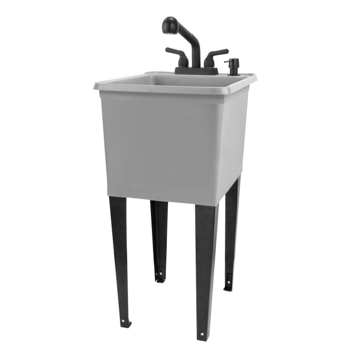 Tehila Space Saver Freestanding Grey Utility Sink with Black Finish Pull-Out Faucet - Sweatfully
