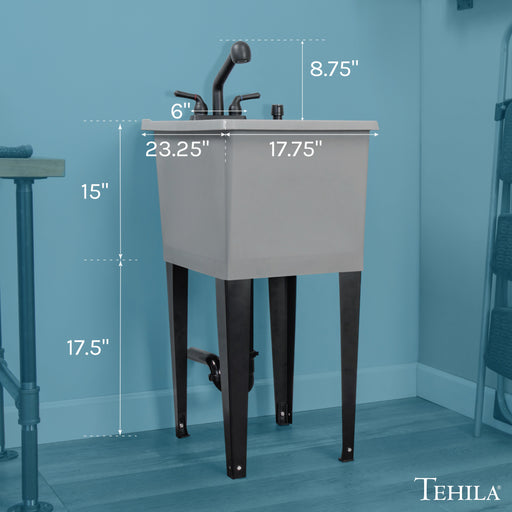Tehila Space Saver Freestanding Grey Utility Sink with Black Finish Pull-Out Faucet - Sweatfully