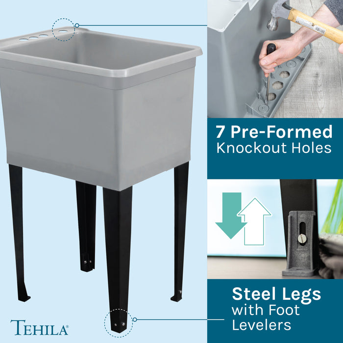 Tehila Space Saver Freestanding Grey Utility Sink with Black Finish Pull-Out Faucet - Sweatfully