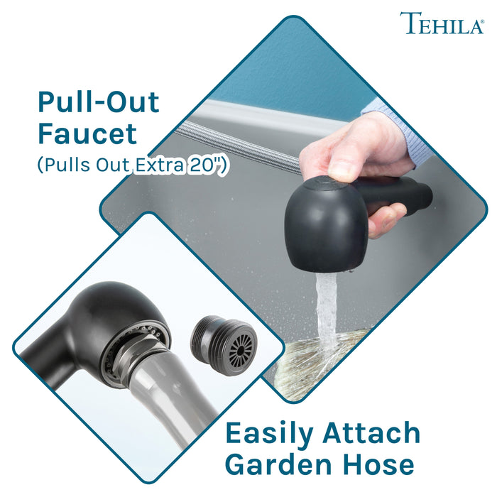 Tehila Space Saver Freestanding Grey Utility Sink with Black Finish Pull-Out Faucet - Sweatfully