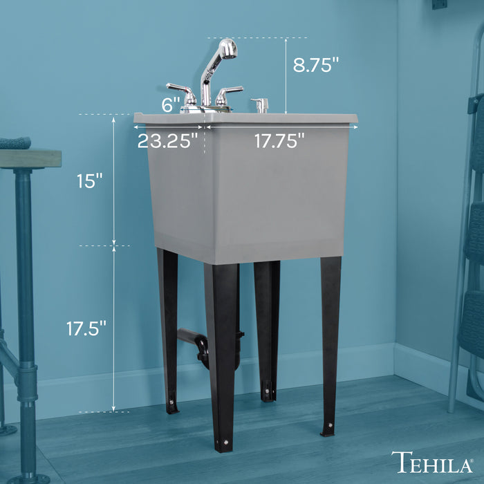 Tehila Space Saver Freestanding Grey Utility Sink with Chrome Finish Pull-Out Faucet - Sweatfully