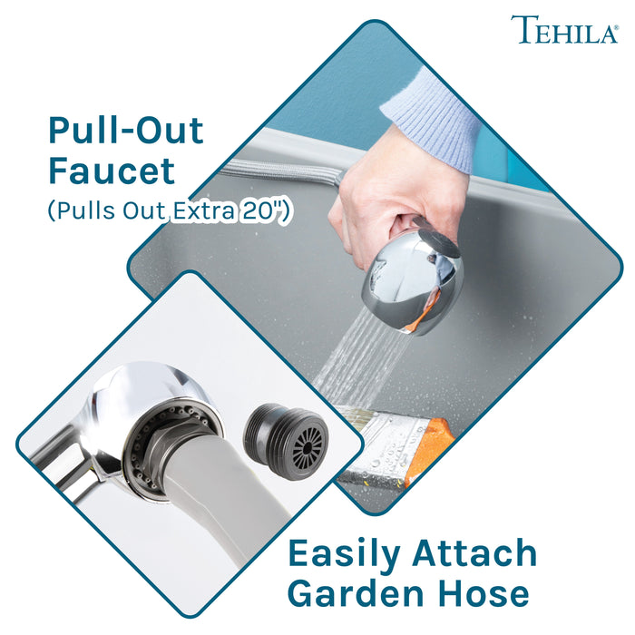 Tehila Space Saver Freestanding Grey Utility Sink with Chrome Finish Pull-Out Faucet - Sweatfully