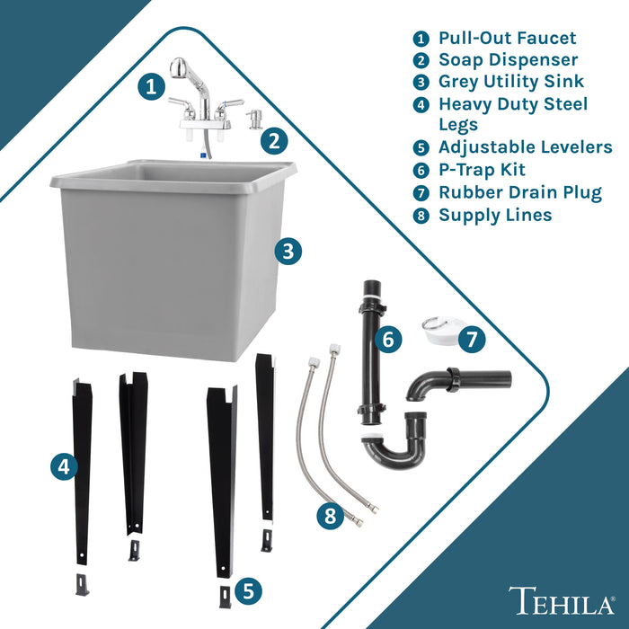 Tehila Space Saver Freestanding Grey Utility Sink with Chrome Finish Pull-Out Faucet - Sweatfully