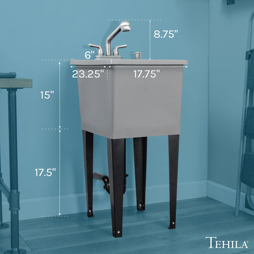 Tehila Space Saver Freestanding Grey Utility Sink with Stainless Steel Finish Pull-Out Faucet - Sweatfully