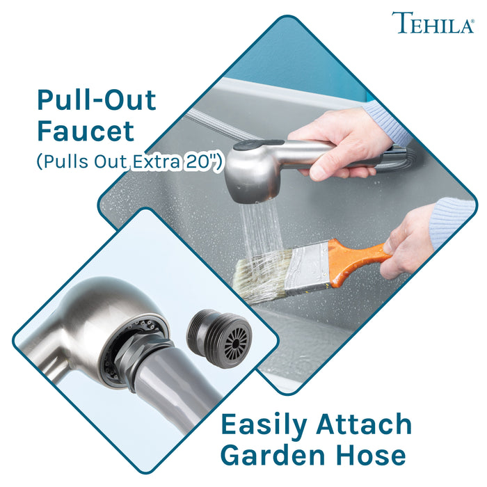 Tehila Space Saver Freestanding Grey Utility Sink with Stainless Steel Finish Pull-Out Faucet - Sweatfully