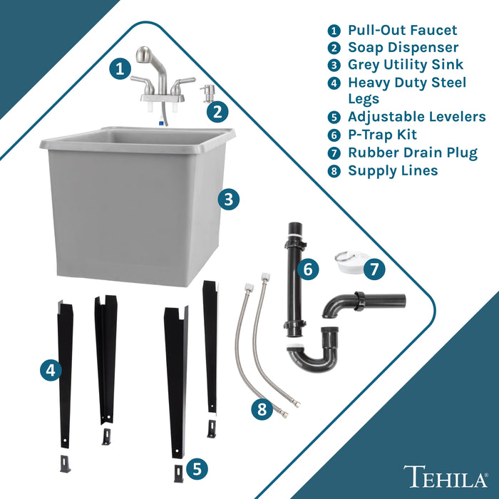 Tehila Space Saver Freestanding Grey Utility Sink with Stainless Steel Finish Pull-Out Faucet - Sweatfully