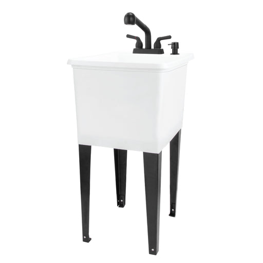 Tehila Space Saver Freestanding White Utility Sink with Black Finish Pull-Out Faucet - Sweatfully