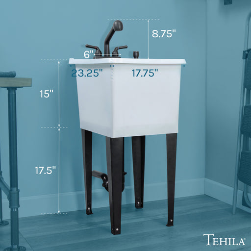 Tehila Space Saver Freestanding White Utility Sink with Black Finish Pull-Out Faucet - Sweatfully