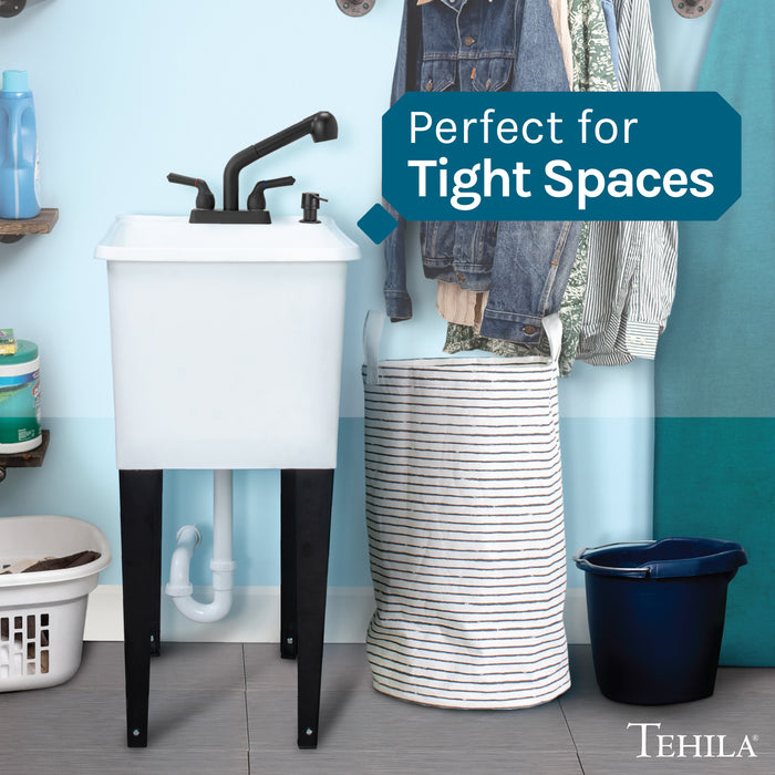 Tehila Space Saver Freestanding White Utility Sink with Black Finish Pull-Out Faucet - Sweatfully