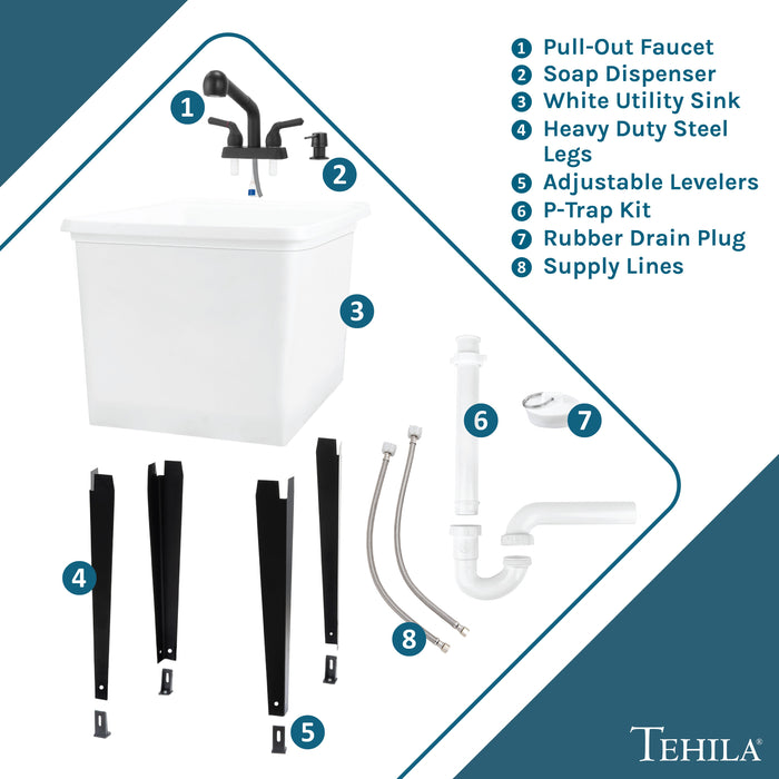 Tehila Space Saver Freestanding White Utility Sink with Black Finish Pull-Out Faucet - Sweatfully
