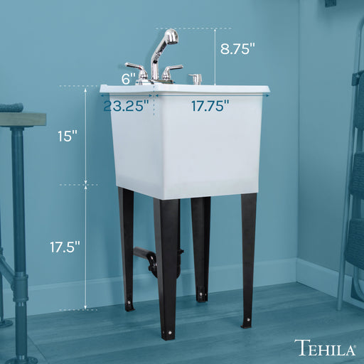 Tehila Space Saver Freestanding White Utility Sink with Chrome Finish Pull-Out Faucet - Sweatfully