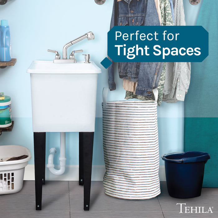 Tehila Space Saver Freestanding White Utility Sink with Chrome Finish Pull-Out Faucet - Sweatfully