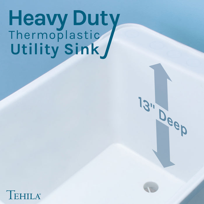 Tehila Space Saver Freestanding White Utility Sink with Chrome Finish Pull-Out Faucet - Sweatfully