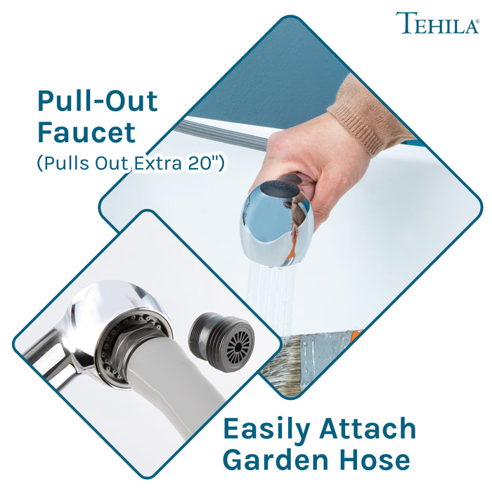 Tehila Space Saver Freestanding White Utility Sink with Chrome Finish Pull-Out Faucet - Sweatfully