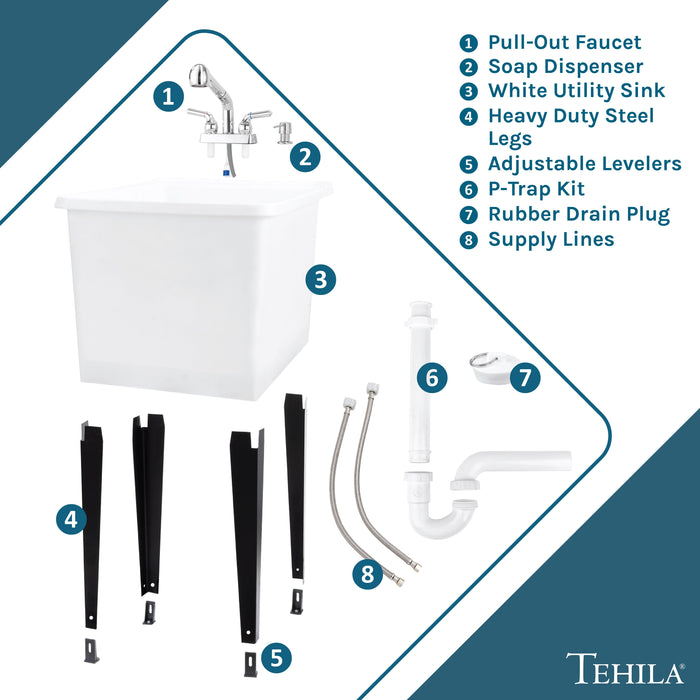 Tehila Space Saver Freestanding White Utility Sink with Chrome Finish Pull-Out Faucet - Sweatfully