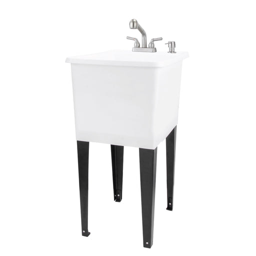Tehila Space Saver Freestanding White Utility Sink with Stainless Steel Finish Pull-Out Faucet - Sweatfully