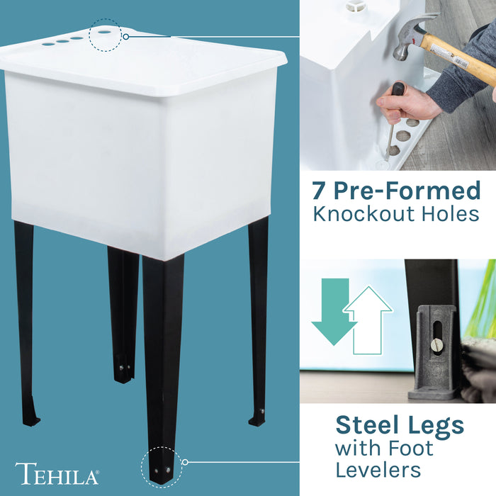 Tehila Space Saver Freestanding White Utility Sink with Stainless Steel Finish Pull-Out Faucet - Sweatfully