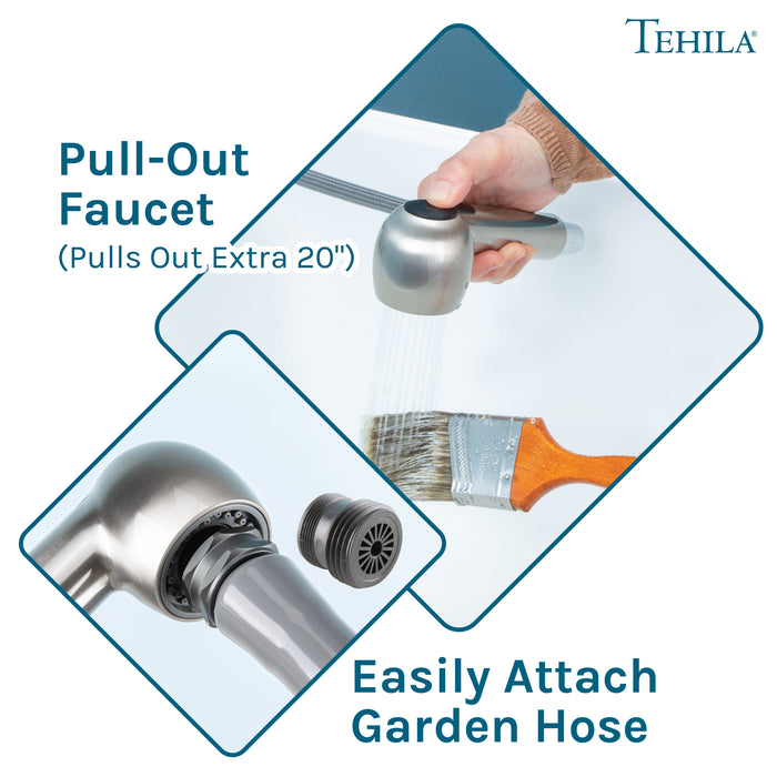 Tehila Space Saver Freestanding White Utility Sink with Stainless Steel Finish Pull-Out Faucet - Sweatfully