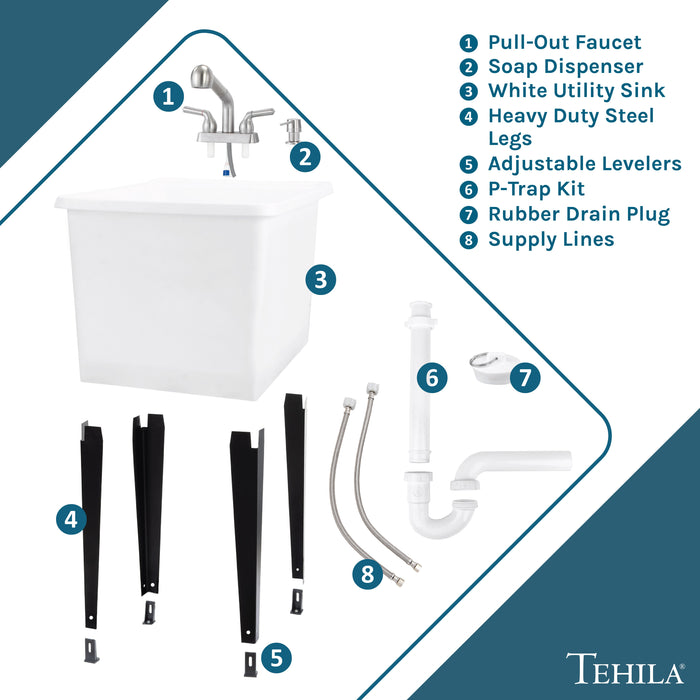 Tehila Space Saver Freestanding White Utility Sink with Stainless Steel Finish Pull-Out Faucet - Sweatfully
