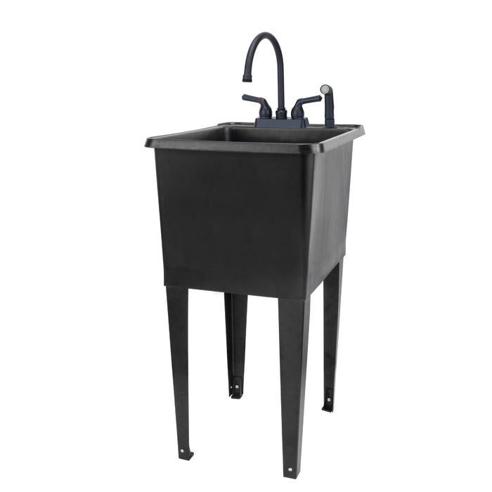 Tehila Space Saver Freestanding Black Utility Sink with Black Finish Gooseneck Faucet and Side Sprayer - Sweatfully