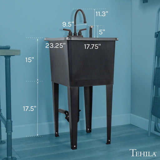 Tehila Space Saver Freestanding Black Utility Sink with Black Finish Gooseneck Faucet and Side Sprayer - Sweatfully