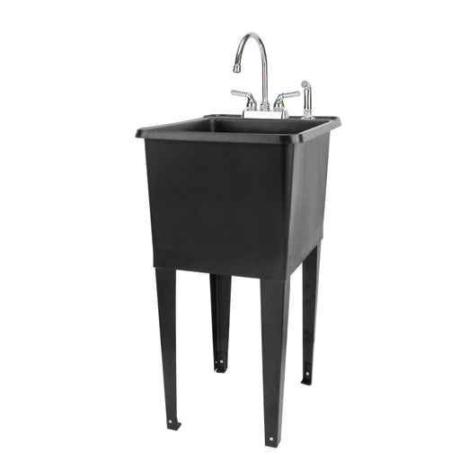 Tehila Space Saver Freestanding Black Utility Sink with Chrome Finish Gooseneck Faucet and Side Sprayer - Sweatfully