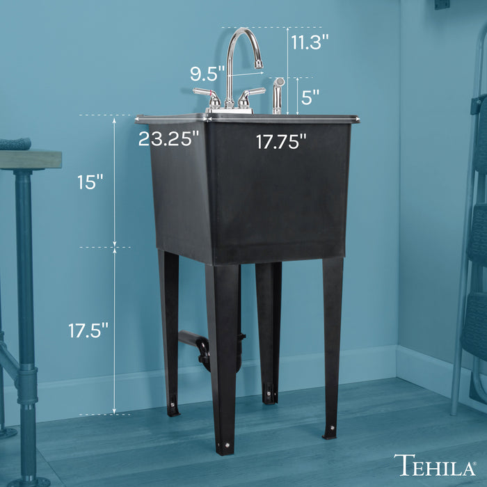 Tehila Space Saver Freestanding Black Utility Sink with Chrome Finish Gooseneck Faucet and Side Sprayer - Sweatfully