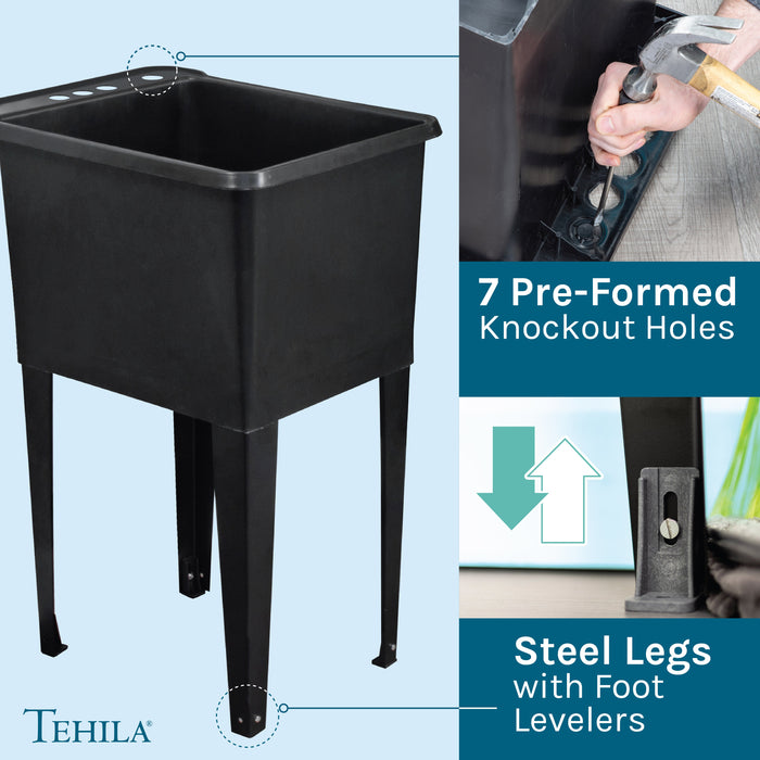 Tehila Space Saver Freestanding Black Utility Sink with Chrome Finish Gooseneck Faucet and Side Sprayer - Sweatfully