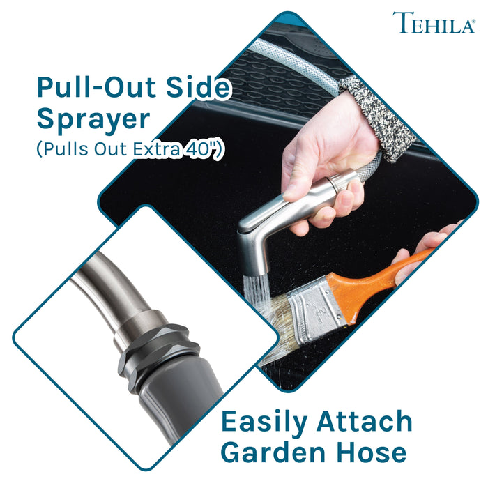 Tehila Space Saver Freestanding Black Utility Sink with Stainless Steel Finish Gooseneck Faucet and Side Sprayer - Sweatfully