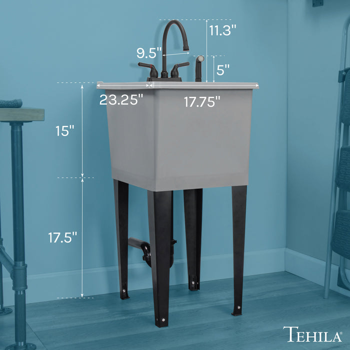 Tehila Space Saver Freestanding Grey Utility Sink with Black Finish Gooseneck Faucet and Side Sprayer - Sweatfully