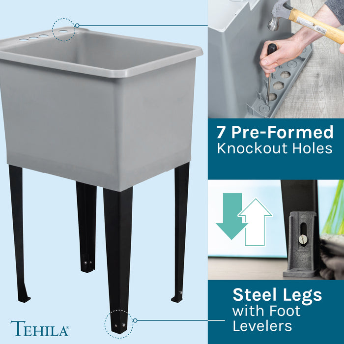 Tehila Space Saver Freestanding Grey Utility Sink with Black Finish Gooseneck Faucet and Side Sprayer - Sweatfully