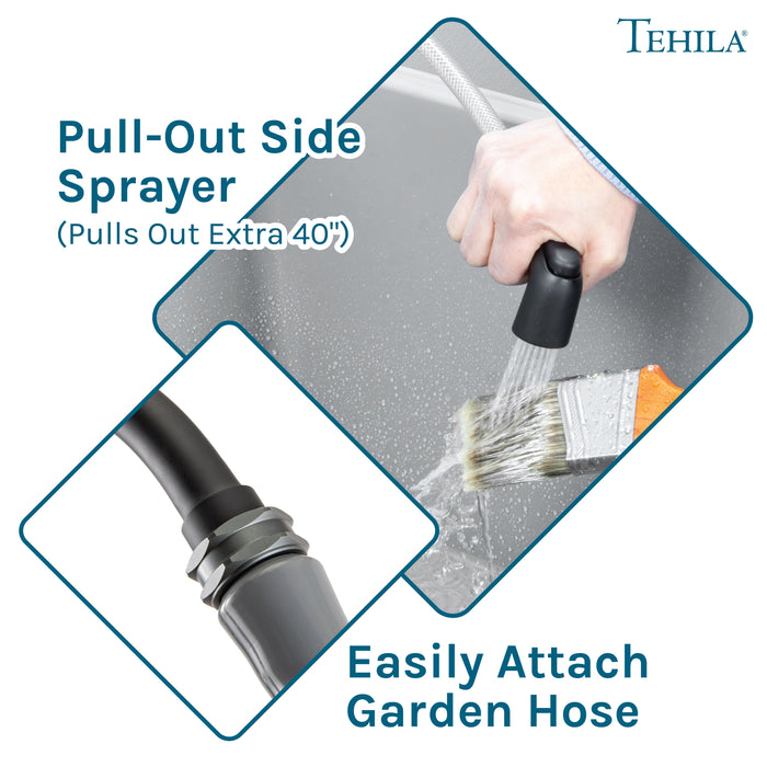 Tehila Space Saver Freestanding Grey Utility Sink with Black Finish Gooseneck Faucet and Side Sprayer - Sweatfully