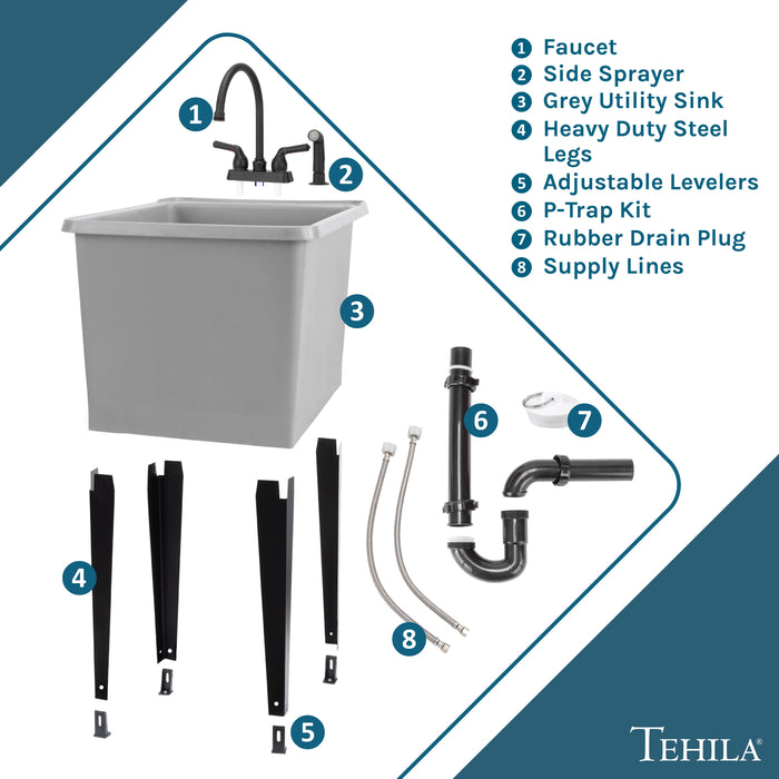 Tehila Space Saver Freestanding Grey Utility Sink with Black Finish Gooseneck Faucet and Side Sprayer - Sweatfully