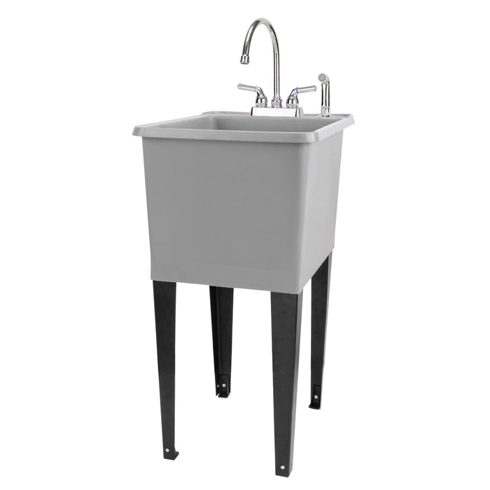 Tehila Space Saver Freestanding Grey Utility Sink with Chrome Finish Gooseneck Faucet and Side Sprayer - Sweatfully