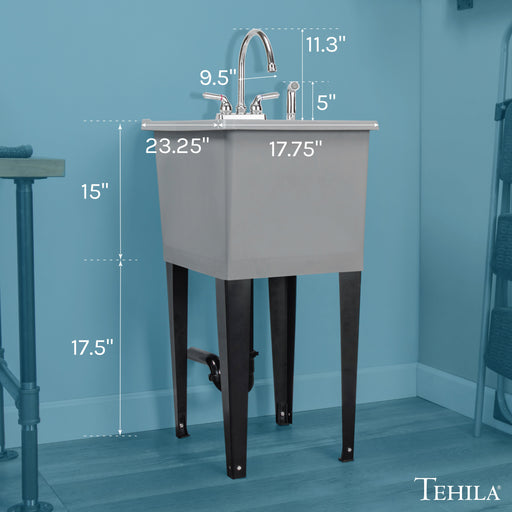 Tehila Space Saver Freestanding Grey Utility Sink with Chrome Finish Gooseneck Faucet and Side Sprayer - Sweatfully